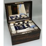 Victorian coromandel vanity case, fitted interior with ten engraved and initialled silver topped