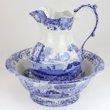C20th Spode Italian pattern blue and white pottery wash jug and bowl, max H32cm