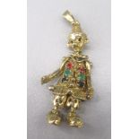 9ct yellow gold articulated clown pendant set with coloured stones, stamped 375, L4cm, 5.3g