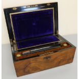 Late Victorian figured walnut folding writing slope with fitted interior and inset purple velvet and