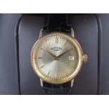 Rotary gold quartz wristwatch with date, signed two tone sunray dial with applied baton hour
