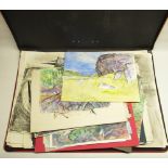 Folio containing a large collection of unframed oil paintings, watercolours, prints and posters inc.