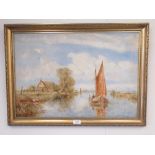 William Joseph Julius Caesar Bond (1833-1926): Sailing Barge in a rural river landscape, oil on