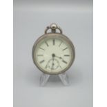 Victorian silver open faced key wound and set pocket watch, white enamel Roman dial with rail