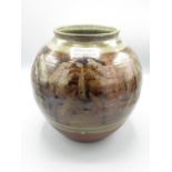 Large studio pottery globular vase, black drips and splashes on a light brown glaze, impressed