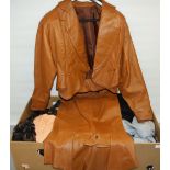 Ladies vintage Jacquies Sac tan leather two piece comprising jacket and skirt size 12, ladies