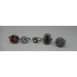 Five silver and white metal rings set with various coloured stones, 20.5g