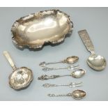 Continental hammered silver waived edge oval dish, on four scroll cast feet, stamped 800 441Ml,