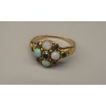 Victorian yellow metal opal cluster ring, set with opals, sapphires, rubies and green stones on