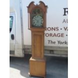 George 111 mahogany crossbanded oak long case clock, arched painted Roman dial signed Heny.