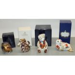 Royal Crown Derby porcelain paperweights: Seal, gold stopper; Seahorse, silver stopper; Little