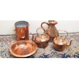 Large copper water jug, two copper kettles, two handled pot and a large copper dish (5)