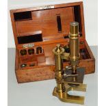 Ernst Leitz brass monocular microscope c1889/1890, in a fitted mahogany case with additional