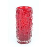 Geoffrey Baxter for Whitefriars, textured bark glass vase in ruby colourway c1968, H23cm