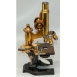 Ernst Leitz brass and black lacquered monocular microscope c1901 with rotating triple objective,