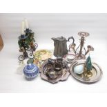 Pewter tea pot, silver plated Epergne, A127 camera, Myott & Son ceramic candle stand, etc.