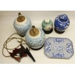 Pair of Chinese blue and white ginger jars converted to table lamps H30cm, C20th Chinese blue and
