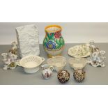 Chinese export milk jug H8cm, two Belleek woven baskets D13cm, Belleek miniature tea set, Kaiser