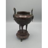 C20th Japanese cast metal paint brush pot on raised stand with 2 handles, H19.5cm