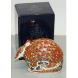 Royal Crown Derby porcelain paperweight: Armadillo, gold stopper, with box, H9cm
