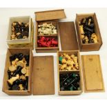 Five vintage carved boxwood black and white chess sets and a set of late C19th/early C20th carved