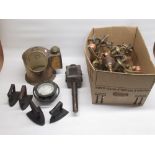 WWII black metal ships gimbal compass, a brass case for a gimbal compass, collection of brass