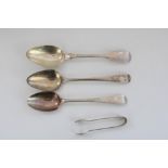 Geo. III hallmarked silver fiddle pattern tablespoon and two Geo. III Old English pattern