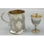 Victorian hallmarked silver mug repousse decorated with cartouche, inscribed and dated 1933, by