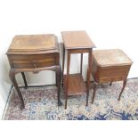 C20th oak cutlery cabinet with hinged top and two drawers, on cabriole legs, an oak sewing box,