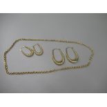 Two pairs of 9ct yellow gold hollow hoop earrings and a 9ct yellow gold rope twist necklace,