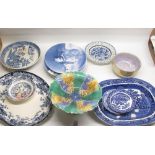 Collection of blue and white meat plates, a mixed coloured pedestal bowl, Grimwades bowl, etc.