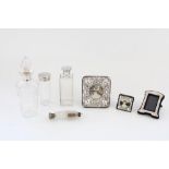 Hallmarked silver and glass table bottles incl. small c1920s etched glass small decanter with silver