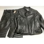 Set of JTS black motorcycle leathers, comprising size 44 jacket, and size 34 trousers (2)