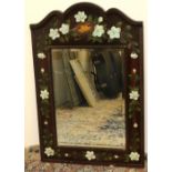 Continental wall mirror, rectangular bevelled plate in arched moulded frame painted with violin