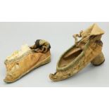 Two Chinese silk shoes for bound feet, embroidered decoration on pink ground, one shoe with circular