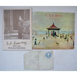 Envelope written and signed by artist L S Lowry (no letter), dated 24 April 1973. Also included 2