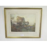 English School (early C20th); Figures by a stone farm house in a wooded landscape, watercolour,