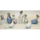 Nao by Lladro porcelain figures: Girl with Sleepy Puppy, two ducks, Girl Picking Up Her Skirt, A Big