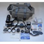 Olympus OM10 35mm film camera with Cobra flash unit and 3 lenses to include Olympus 50mm fixed,