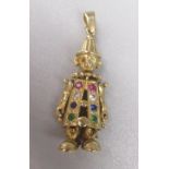 9ct yellow gold articulated clown pendant set with coloured stones, stamped 375, L3.25cm, 5.3g