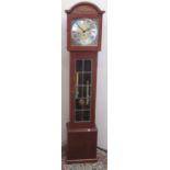 Small modern long case clock, with square brass dial, three train key wind chiming movement, H148cn
