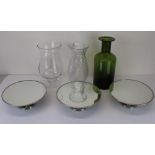 Three polished metal tazza with mirror plate tops D26cm, a hand blown clear glass vase and two other