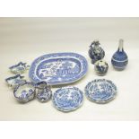 Two C19th English leaf moulded blue and white pickle dishes, Staffordshire blue and white oval