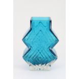 Geoffrey Baxter for Whitefriars, textured Double Diamond glass vase in Kingfisher blue colourway