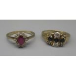9ct yellow gold white and red stone cluster ring, stamped 375, size O, and another 9ct yellow gold
