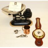Pair of Natural Elements traditional balance kitchen scales, Mahogany aneroid barometer, EPNS letter