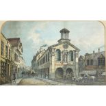 After Edwin Earp (British 1851-1945); 'Leeds Auction Mart' chromolithograph in arched mount, 36cm