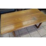 1960s Danish style teak rectangular coffee table, on curved supports, W138cm