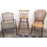 Victorian beech side chair with canework panels, stamped R.W, a C20th arm chair with canework back