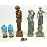 Ophelia Jordon, C20th bronzed composition figure Virginia & Diana signed on reverse dated 1936 No